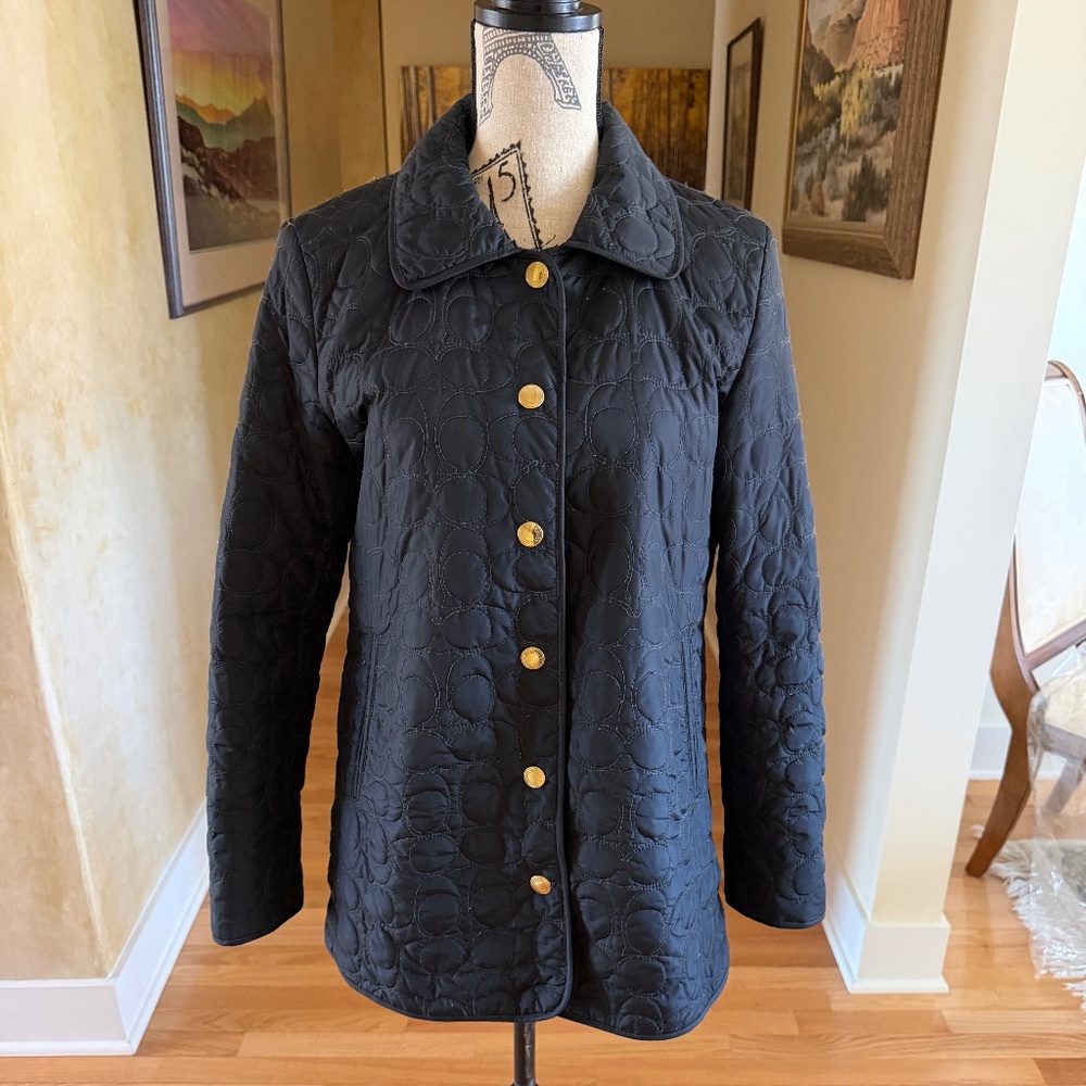 Vintage Coach Monogram C Quilted Black Jacket Pink Lining Size Small